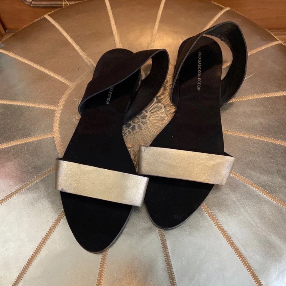 Zara Gold Black Flat Sandal